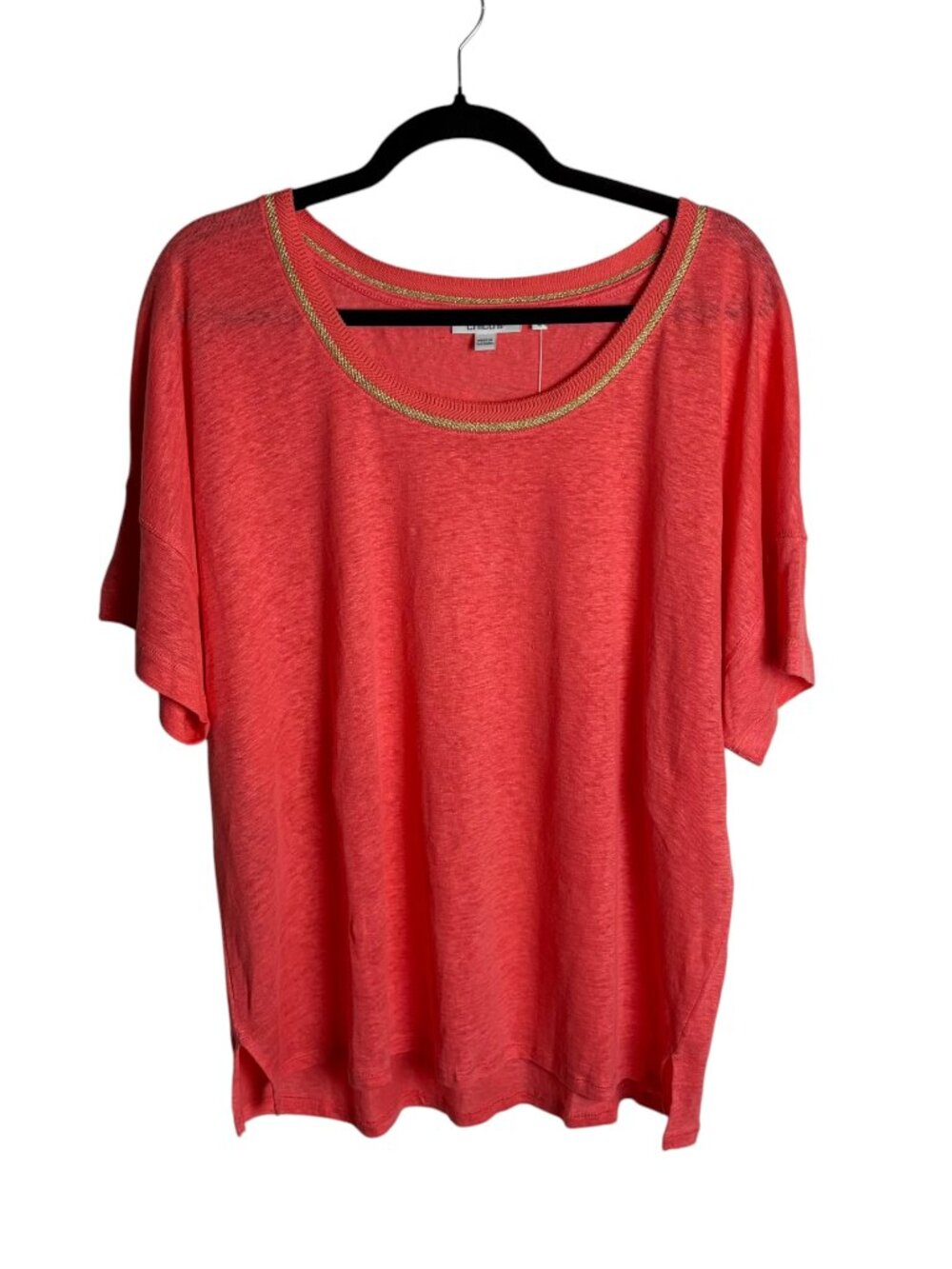 Chico's Size 3 Pure Linen Sweater Trim Tee Shirt Coral Beachy Costal Xl Summer - Picture 2 of 7